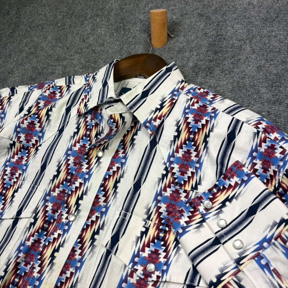 Wrangler Western Shirt Mens Medium White Aztec Geometric Pearl Snap Long Sleeve